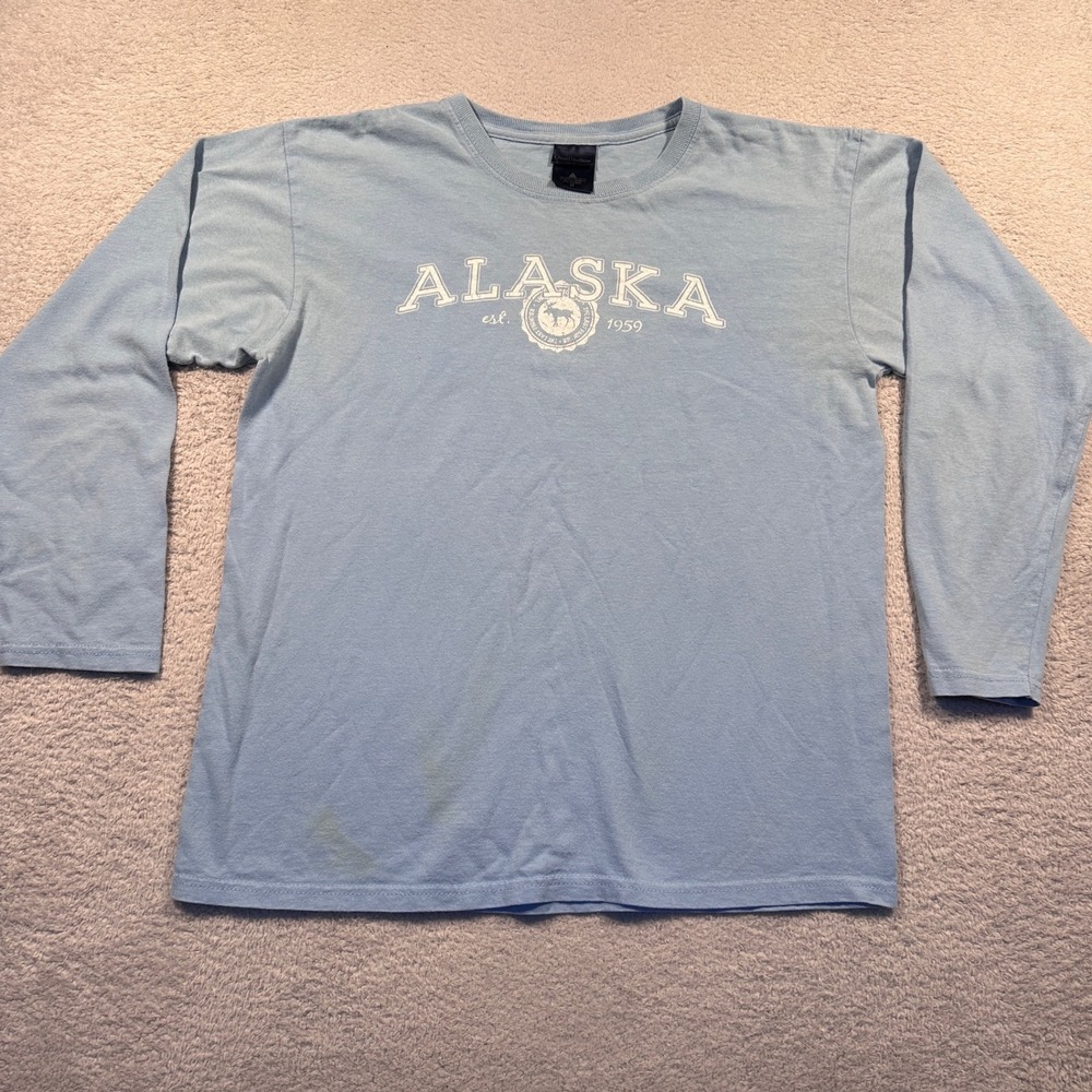 Vintage Y2K Alaska Long‎ Sleeve T Shirt Quail Hollow  Light Blue Graphic Tee